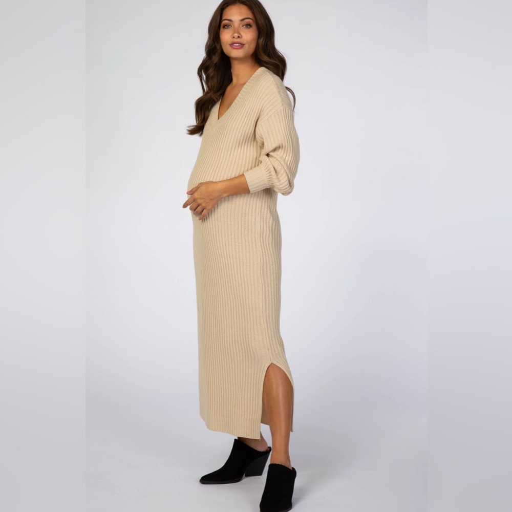 Pinkblush Beige V-Neck Ribbed Maternity Sweater Dress Medium NWOT